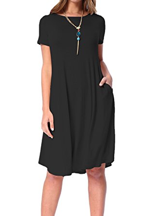 levaca Women's Plain Scoop Neck Draped Pockets Loose Swing Casual Midi Dress