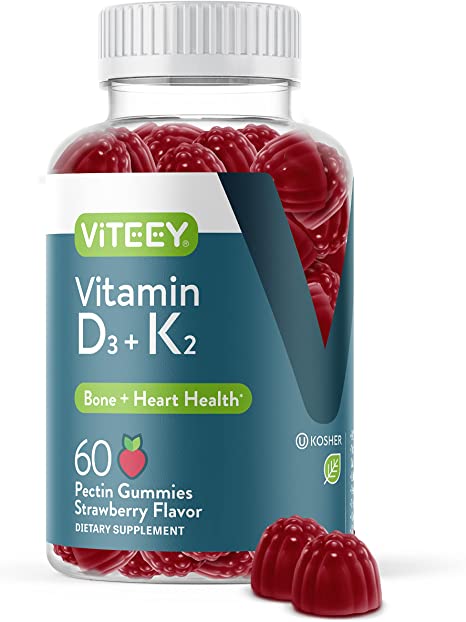 Vitamin D3   K2 Gummies - 1000 IU Vitamin D3   100 mcg Vitamin K2 - Bone & Heart Health for Adults and Teens - Vegetarian, Gluten Free, Gelatin Free & Non GMO - Chewable Strawberry Flavored Gummies