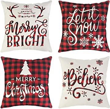 Ouddy 4Pcs Christmas Pillow Covers, Holiday Winter Throw Pillow Covers 18x18 Farmhouse Merry Christmas Quotes Saying Tree Snowflake for ElK Linen Cushion Case for Sofa Home Decor