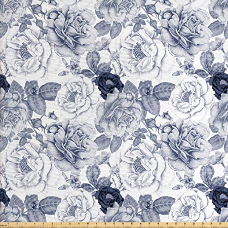 Ambesonne Shabby Flora Fabric by The Yard, Garden Spring Roses Buds with Leaves Flowers Romantic Image Artwork, Decorative Fabric for Upholstery and Home Accents, 2 Yards, Cadet Blue