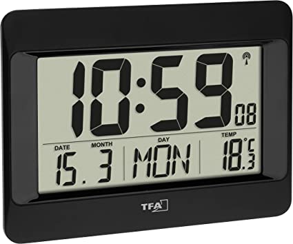 TFA-Dostmann 60.4519.01 Digital Wall Radio Controlled Clock with Indoor Temperature, Day of The Week (8 Languages), Date, Time Zone Setting, Black, (L) 215 x (B) 160 x (H) 26 (68) mm