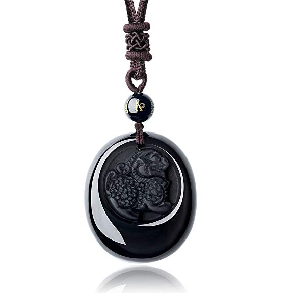 COAI Lucky Protective Kylin Dragon Amulet Obsidian Stone Pendant Necklace for Men Women