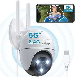 ieGee 2K Cámara Vigilancia Exterior con 2,4G/5G WiFi, Detección de Humano, Seguimiento Automático, Visión Nocturna Color, Alarma de Luz y Sonido, Grabación Continua, Compatible Alexa