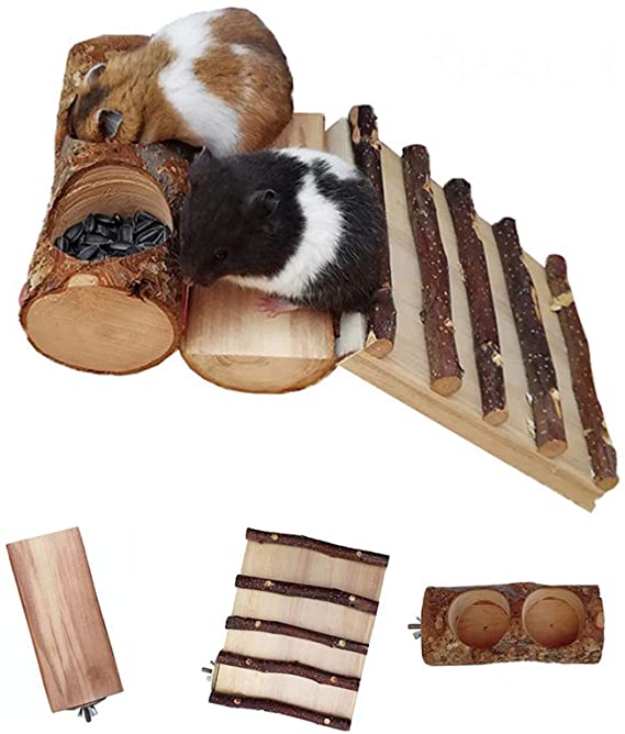 Dwarf Hamster Climbing Ladder Toys, Natural Apple Wood Small Animals Platform with Feeder Bowls, Pet Chew Grinding Teeth Ideal for Chinchilla Rats Mouse(3 Packed)