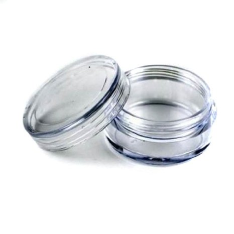 50 pcs New Empty Clear Plastic Cosmetic Containers 3 Gram Size Pot Jars Eye Shadow Container Lot Size:Diameter: 31 mm/1.2 inch Height: 16.5 mm/0.6 inch.