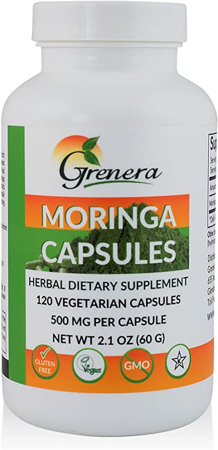 Grenera Moringa Oleifera Capsules, Green Superfood, Nutrient Dense, Pure Malunggay Leaf Powder Herbal Supplement, 120 Veg Capsules/Bottle