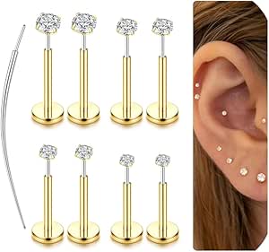 LOLIAS 14K Gold Filled Threadless Nose Studs CZ Nose Rings for Women Men 316L Surgical Steel Labret Studs Lip Rings Push in Flat Back Stud Earrings CZ Nose Nostril Tragus Helix Piercing Jewelry Hypoallergenic 20G 18G 16G