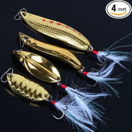YONGZHI Metal Gold Casting Fishing Spoons Lure Hard Treble Hook Bait(Pack of 4)