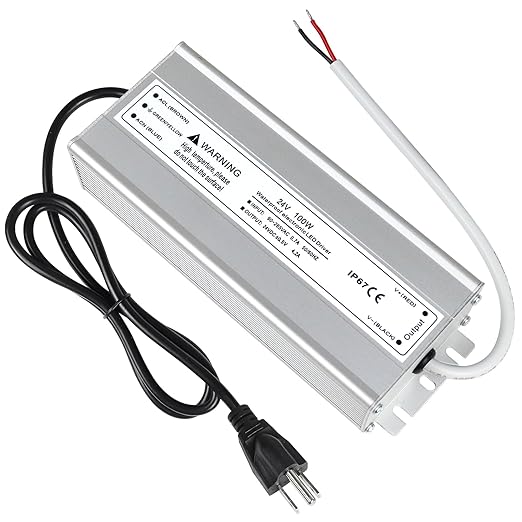 LightingWill LED Driver 100 Watts Waterproof IP67 Power Supply Transformer, 100-240V AC to 24V DC Low Voltage Output, Adapter with 3-Prong Plug 3.3 Feet Cable for Outdoor Use, Computer Project