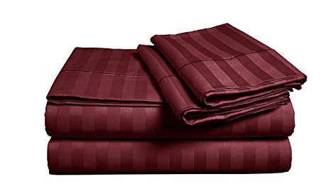500-Thread-Count Best 100% Egyptian Cotton luxury Stripe Bed Sheet Set - Burgundy Long-staple Cotton Twin Stripe Sheet for Bed, Fits Mattress Up to 18'' Deep Pocket, Soft Sateen Weave 3 pc Sheets Set