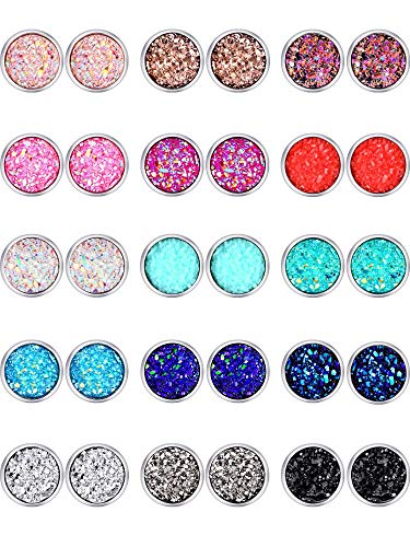 Boao 15 Pairs 10 mm Faux Druzy Stud Earrings Set Stainless Steel Round Earrings Pierced Earrings Jewelry for Women Girls