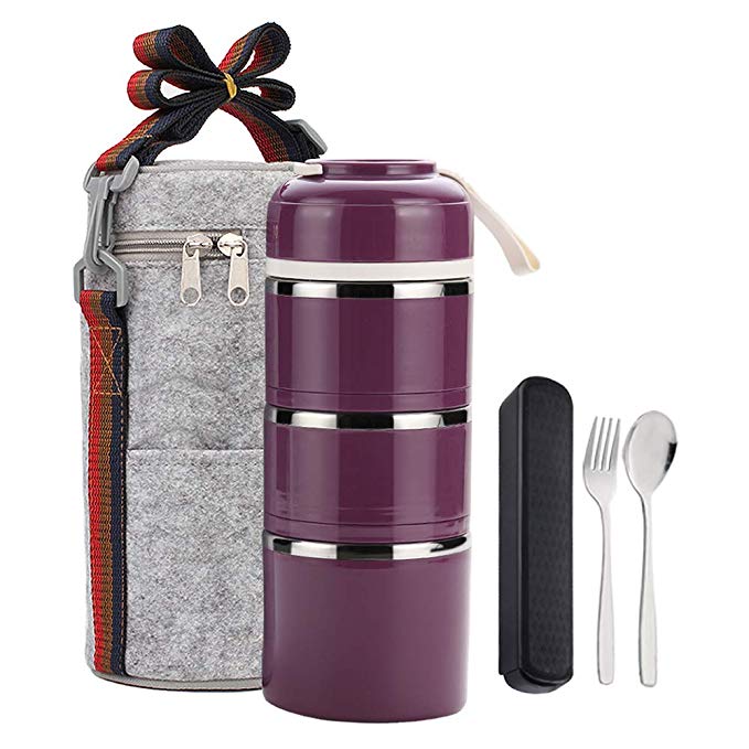 YBOBK HOME Bento Lunch Box Leakproof Stainless Steel Stackable Lunch Box with Bag and Reusable Flatware Set Thermal Food Storage Container for Healthy On-the-Go Meal and Snack Packing (3-Tier, Purple)
