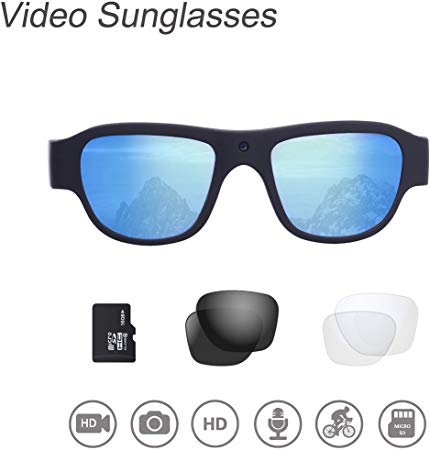 Video Sunglasses, 16GB 1080P HD Outdoor Sports Action Camera with Built in 15MP Camera and Polarized UV400 Lens, Compatible with Prescription Lens and Interchangeable Lens