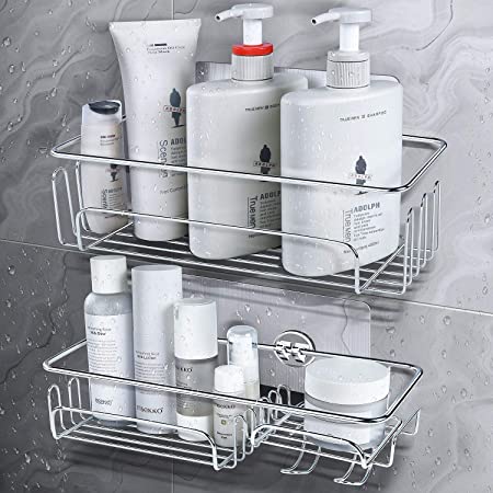 Shower Caddy Basket Shelf with Hooks, JOMARTO Bathroom Storage Rack for Hanging Razor/Shampoo Organizer No Drilling Adhesive Wall Mounted Bathroom Shelf,Rustproof SUS304 Stainless Steel-2 Pack