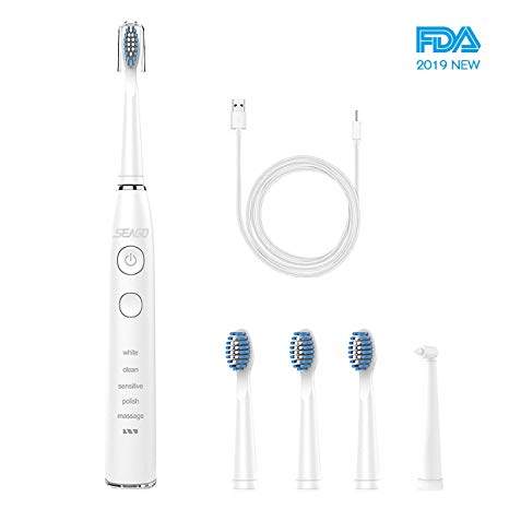 SEAGO Rechargeable Electric Sonic Toothbrush with 5 Modes Deep Cleansing, 120 Days Long Battery Life, Smart Timer, 4 Replacement Brush Heads and 1 Inter-dental Brush Head (SG-575 White)
