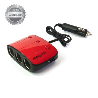 Juicy Power 3-socket Car Cigarette Power Splitter and Adapter with Dual USB Ports - Red AVLT-CH02