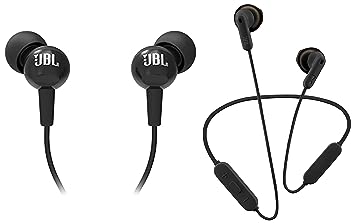 JBL Tune 215BT, 16 Hrs Playtime with Quick Charge, in Ear Bluetooth Wireless Earphones with Mic Type C & Voice Assistant Support (Black) & C100SI Wired in Ear Headphones with Mic