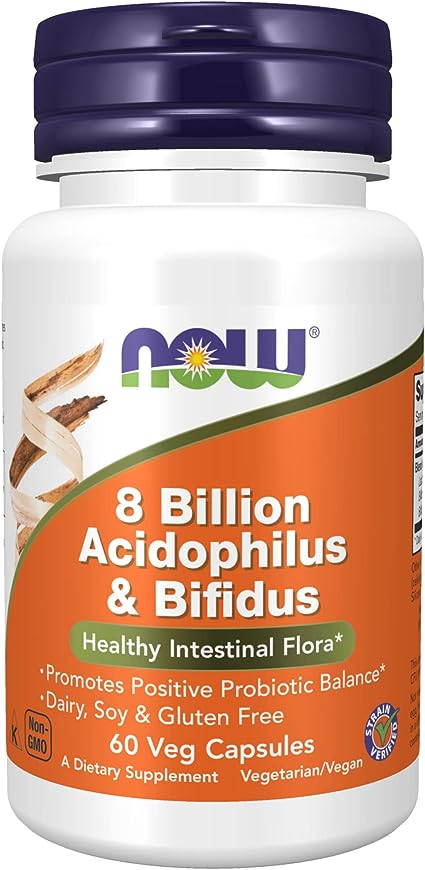 NOW Supplements, 8 Billion Acidophilus & Bifidus, Dairy, Soy and Gluten Free, Strain Verified, 60 Veg Capsules