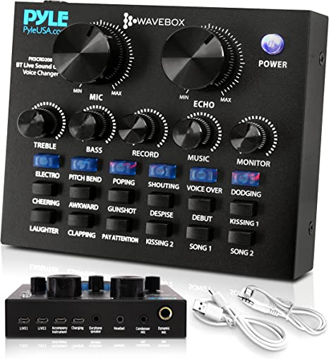 Pyle Bluetooth Mini Audio Podcast Mixer - Live Streaming For PC Computer iPhone Broadcasting Voice Changer V8 Sound Card with 12 Sound Effects,3 Inputs, Mic Input - PKSCRD208.5