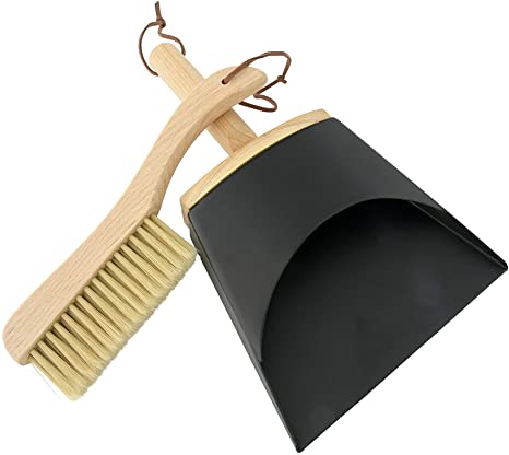 Creative Co-Op DF3015  Metal Dust Pan Handle, Beech Wood Brush & Leather Straps (Set of 2 Pieces) Broom, Black