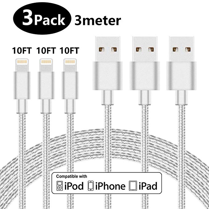 LINKPIN Phone Nylon Braided Charging Cable for iPhone iPad iPod Ultra-High Lifespan (10ft, 3-Pack, White)