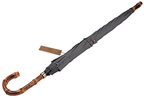 (Designed in Britain) Balios® Walking Stick Umbrella Handmade Bamboo Whangee Double Canopy Windproof Fiberglass Frame, Auto Open, Crook Handle, 300T Finest Fabric (Metallic Grey with Bamboo Handle)