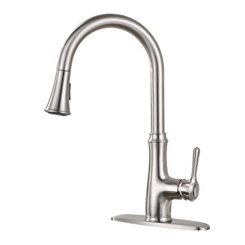 Kitchen Faucet Pull Down Sprayer - WEWE A1008L Stainless Steel Sink Faucets Single Handle High Arc Brushed Nickel Faucet with Pull Out Sprayer