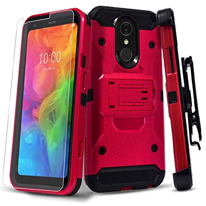 LG Q7 Plus Case, LG Q7 Case, with [Tempered Glass Screen Protector] Full Coverage Heavy Duty [Tank Armor] Dual Layers Phone Cover with Kickstand and Locking Belt Clip Compatible LG Q7/Q7 Plus-Red