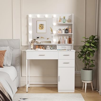 Lifewit Vanity Desk with Power Outlet, White Makeup Dressing Table with Mirror and Lights, 3 Lighting Modes Adjustable Brightness, Suitable for Bedroom/Bathroom