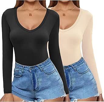 Zeagoo 2 Pack Women's Long Sleeve V Neck Slim Fit T Shirts Basic Tight Trendy Shirts 2024 Going Out Athletic Stretch Tops