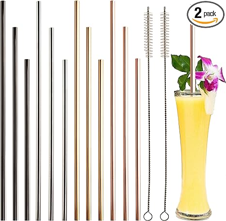 12 2 Pcs Reusable Stainless Steel Straws, Metal Straws, 4 Colors Gold, Silver, Rose Gold & Black - 20 oz and 30 oz Tumblers Straws (Straight)