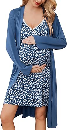 Ekouaer Womens Maternity Nursing Gown and Robe Set Labor Delivery Nuring Nightgowns for Hospital Breastfeeding Robes