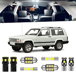 14-Pieces Cherokee LED Interior Light Kit for Jeep Cherokee XJ 1997 1998 1999 2000 2001 White 6000K Super Bright Interior Map Dome LED Lighting Package   License Plate Lights, Install Tool