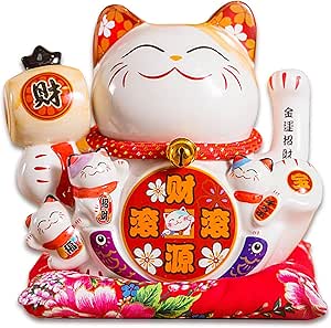 Large Ceramic Maneki Neko Beckoning Lucky Money Cat Waving Arm Good Feng Shui Fortune Happy Smiling Cat Figure 招財貓-財源滾滾（Abundant Wealth）