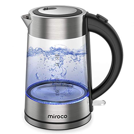 Miroco US 1500W Cordless Electric Kettle with Borosilicate Glass, Stainless Steel Finish, Fast, LED Indicator Light, Auto Shut Off/Boil Dry Function, 1, L WHITE