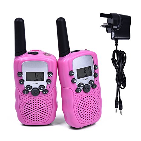 Fetoo 2pcs Kids Walkie Talkies Walky Talky PMR446 3KM Long Range with Rechargeable Battery, UK Plug Charger, Built-in LED Torch 0.5W 8 Channels VOX Flashlight Two-Way Radios (set of 2, pink) ( 8 x AAA battery and UK charger included )