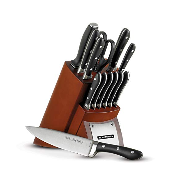 Tramontina 80008/547DS Gourmet Forged-Contemporary Cutlery Knife Set with Hardwood Counter Block, 14 Piece, Made in Brazil