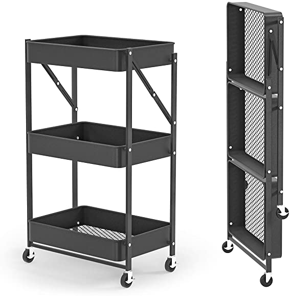 Jayol 3 Tier Rolling Utility Cart - 100% Metal Folding Mobile Storage Organizer - No Tools Needed - Locking Insertable Casters/Wheels with Hook (Black)