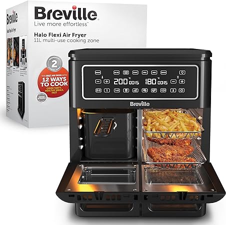 Breville Heißluftfritteuse Halo Flexi, Digitale Doppelkammer-Heißluftfritteuse, 11 l Air Fryer: Für mehr als 10 Personen, Frittieren, Backen, Grillen, Braten, Rösten, Aufwärmen, 2400 W [VDF130X]