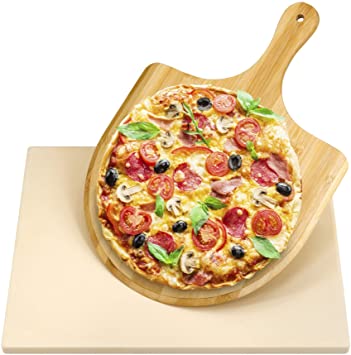 Pizza Stone 15”× 12” Rectangular with Bamboo Pizza Peel Paddle Baking Stone Grilling Stone BBQ Stone Cooking Stone, Best for Baking and Serving, Oven Grill Barbecue Pastry Calzone