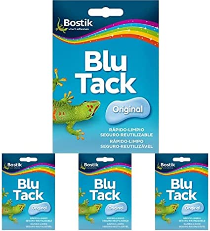 Bostik, Blu·Tack Original, Masilla adhesiva moldeable y reutilizable recomendada para la fijación de todo tipo de objetos, Azul, Paquete de 4