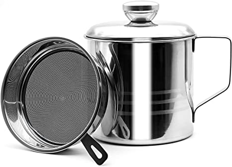 1.2 L Oil Strainer Pot Grease Can with Filter, Stainless Steel Bacon Oil Storage Can Container Oil Storage Pot with Mesh Strainer - Cooking Oil Can for Kitchen Fat Storage (Silver)