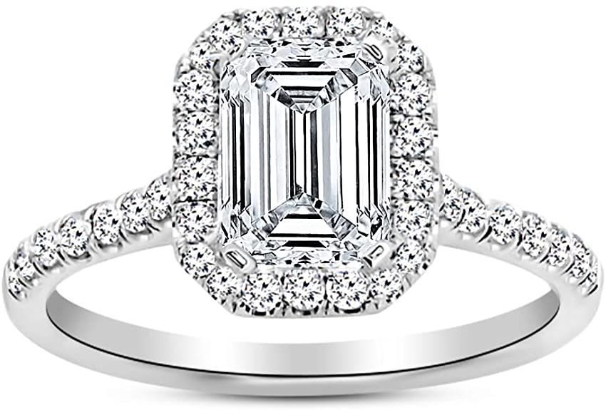 14K White Gold 1.5 Carat LAB GROWN IGI CERTIFIED DIAMOND Halo Emerald Cut Diamond Engagement Ring (D-E Color VS1-VS2 Clarity 1 Ct Center)