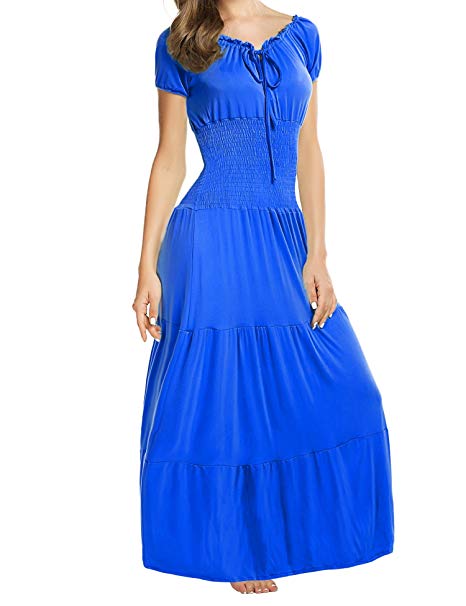 Meaneor Women Boho Cap Sleeve Smocked Waist Tiered Renaissance Party Maxi Dress