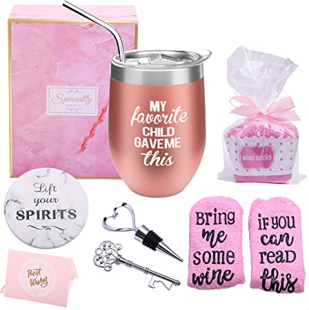 Yorktend My Favorite Child Gave Me This - Fun Gift From Daughter or Son - Novelty Birthday Gift For Parents - Best Dad Mom Gifts For Women, Him, Her 12oz Wine Tumbler with Lid,Straw,Opener,Coaster