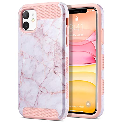 ULAK iPhone 11 Case, Slim Stylish Designed Shockproof Protective Hybrid Scratch Resistant Hard Back Cover Shock Absorbent TPU Bumper Case for Apple iPhone 11 6.1 inch (2019), Pink Marble