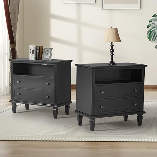 HULALA HOME End Table with Charging Station, Set of 2 Farmhouse Nightstand with USB Ports and Outlets, Fluted Pilasters Design Bedside Table with Open Space and 2 Drawers,for Living Room Bedroom,BLACK