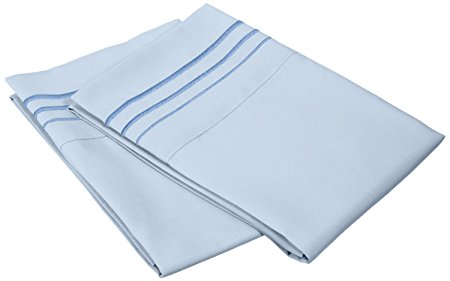 Super Soft Light Weight, 100% Brushed Microfiber, Standard, Wrinkle Resistant, 2-Piece Pillowcase Set, Light Blue with 3-Line Embroidery Detail