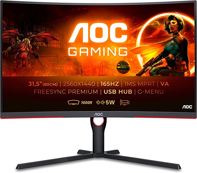 AOC Gaming CQ32G3SU - 32 inch QHD Curved Monitor, 165Hz, 1ms MPRT, VA, Gsync, Freesync, USB Hub, Speakers , Height adjust (2560x1440 @ 165Hz, 300 cd/m², HDMI 2.0 x 2 / HDMI 1.4 x 1, USB 3.2)