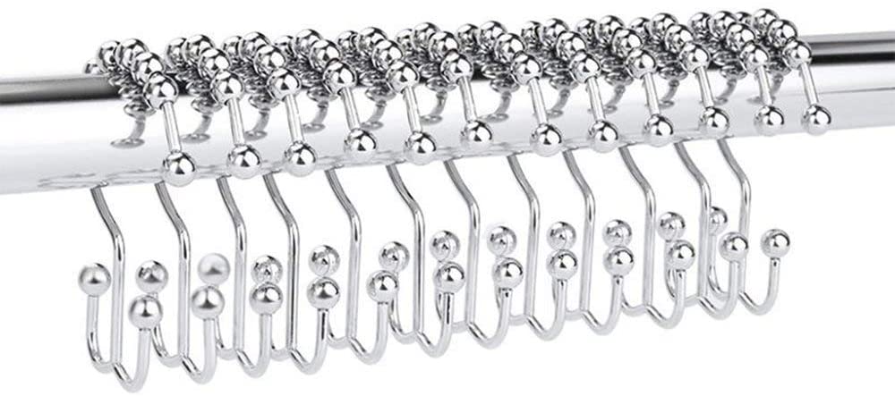 PASOW 12pcs Double-Hook Shower Curtain Rings 100% 304 Stainless Steel Shower Hooks (Chrome)